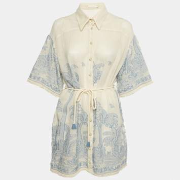 Pre Owned Zimmermann Ivory/Blue Cotton Ottie Palm Shirt Dress M