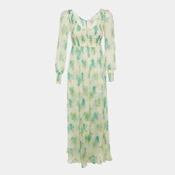 Pre Owned Zimmermann White Floral Printed Smocked Maxi Dress S