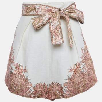 Pre Owned Zimmermann Beige Paisley Print Linen Brighton Tuck Shorts M 