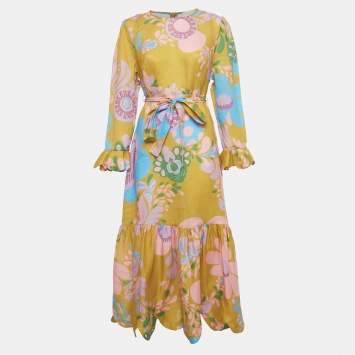 Pre Owned Zimmermann Yellow Printed Linen Teddy Gathered Midi Dress L 