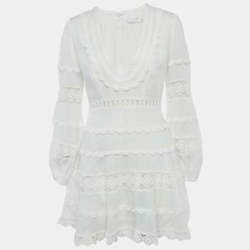 Pre Owned Zimmermann White Linen Lace Trimmed Castile Plunge Neck Mini Dress M