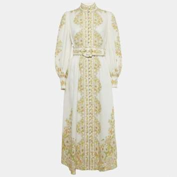 مملوكة مسبقًا Zimmermann White Floral Print Linen Belted Maxi Dress M