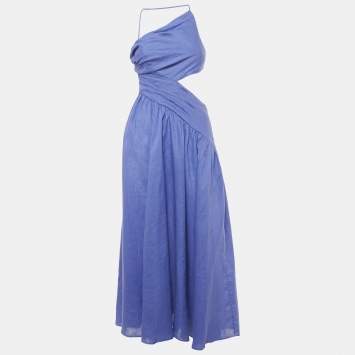 Pre Owned Zimmermann Purple Linen Open Back Asymmetric Cut-Out Midi Dress S