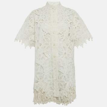 Pre Owned Zimmermann White Silk Lace Cut -Out Wavelength Shirt Dress M