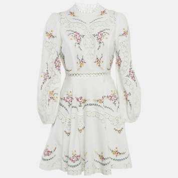 Pre Owned Zimmermann White Embroidered Lace Trim Linen & Cotton Allia Mini Dress M