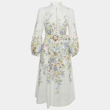 Pre Owned Zimmermann White Floral Print Linen Matchmaker Midi Dress M