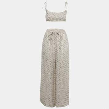 Pre Owned Zimmermann Off White Floral Print Linen Crop Top & Pants Set M 