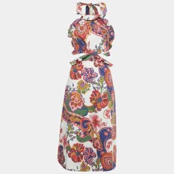 Pre Owned Zimmermann Multicolor Printed Linen Lovestruck Ruffled Dress M