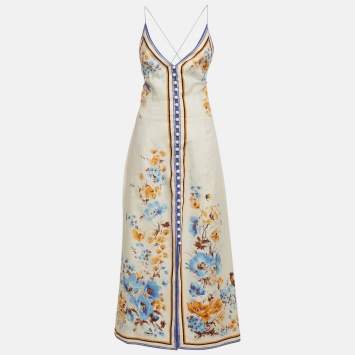 Pre Owned Zimmerman Off White Floral Print Linen Halcyon Slip Dress M