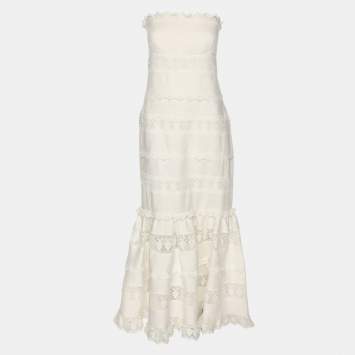 Pre Owned Zimmermann White Linen Lace Panel Tube Midi Dress S