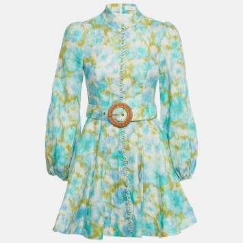 Pre Owned Zimmermann Multicolor Printed Linen Belted Mini Dress XS