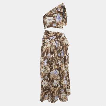 Pre Owned Zimmermann Brown Floral Print Cotton Coco Bow Crop Top &Skirt Set S