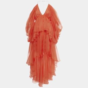 Pre Owned Zimmermann Red Silk Organza Natura High-Low Tiered Dress M