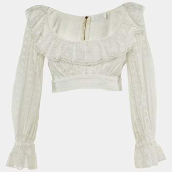مملوكة مسبقًا Zimmermann Ivory Broderie Anglaise Cotton Melody Ladder Crop Top M