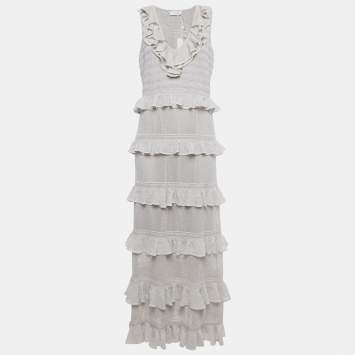 Pre Owned Zimmermann Silver Lurex Knit Tiered Frill Midi Dress L