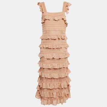 Pre Owned Zimmermann Beige Stretch Knit Illustration Frilled Dress L