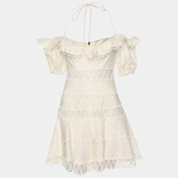 Pre Owned Zimmermann White Linen Blend Paneled Melody Off Shoulder Mini Dress XS