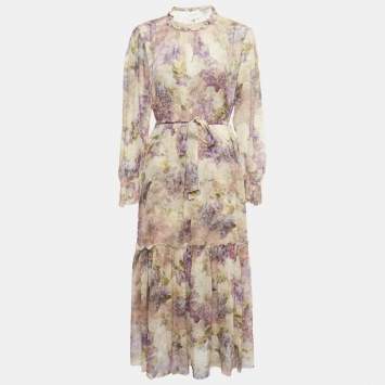Pre Owned Zimmermann Beige Floral Print Chiffon Lyrical Lantern Midi Dress L
