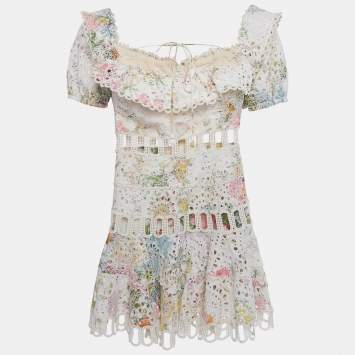 Pre Owned Zimmermann White Floral Print Cotton Off-Shoulder Heathers Dress M