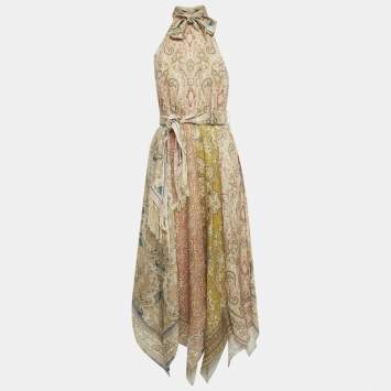 Pre Owned Zimmermann Multicolor Printed Linen Freja Scarf Hem Midi Dress M