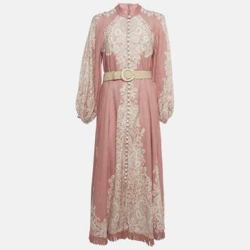 Pre Owned Zimmermann Pink Floral Print Linen Belted Maxi Dress L