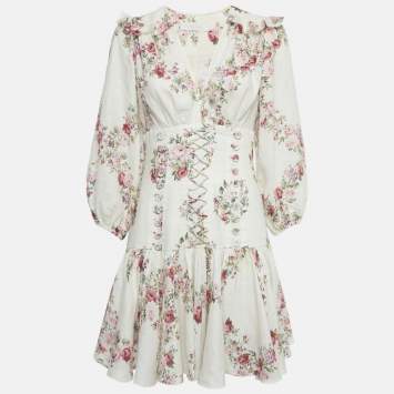 Pre Owned Zimmermann White Rose Print Linen Lace-Up Mini Dress M