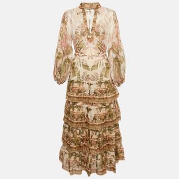 Pre Owned Zimmermann Beige Floral Print Ramie Tiered Billow Lyre Midi Dress M