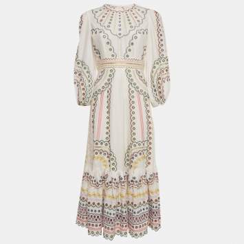 Pre Owned Zimmermann White Broderie Anglaise Linen Blend Maxi Dress M