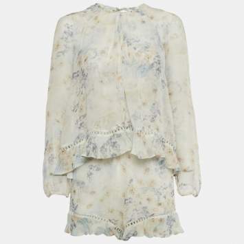 مملوكة مسبقًا Zimmermann Cream Floral Print Silk Ruffled Playsuit S
