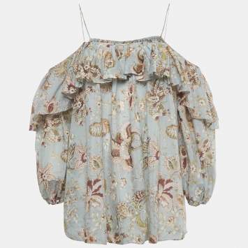 مملوكة مسبقًا Zimmermann Blue Floral Print Cotton Ruffled Blouse S