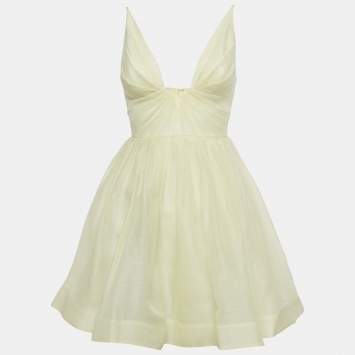 Pre Owned Zimmermann Yellow Linen Blend Pleated Illuminate Mini Dress S