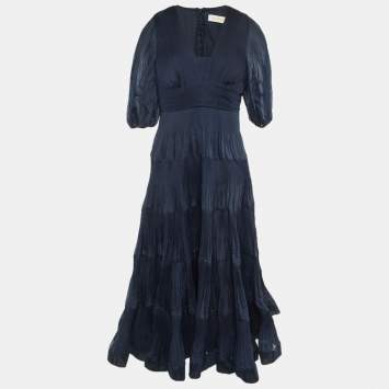 Pre Owned Zimmerman Navy Blue Crepe Pleated Midi Dress L