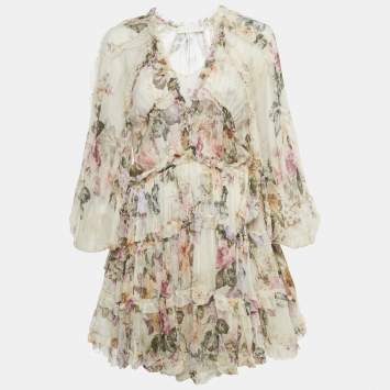 Pre Owned Zimmermann Beige Floral Print Silk Tiered Mini Dress S