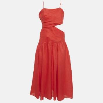 Pre Owned Zimmermann Red Linen Cut Out Midi Dress L