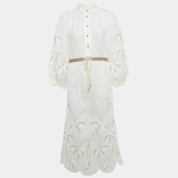 Pre Owned Zimmermann White Embroidered Detail Linen Lyre Midi Dress L