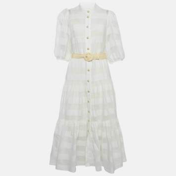 مملوكة مسبقًا Zimmermann White Striped Cotton Maxi Dress L