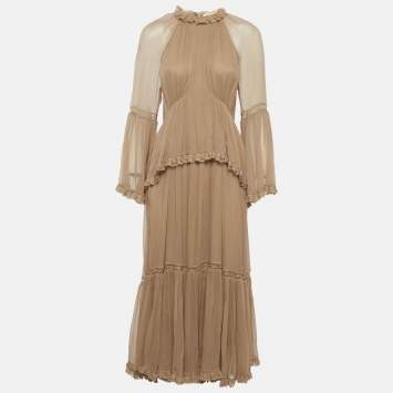 مملوكة مسبقًا Zimmermann Brown Crepe Lace Detail Tiered Midi Dress M