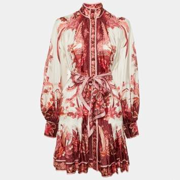 Pre Owned Zimmermann White /Red Floral Print Silk Pleated Mini Dress L