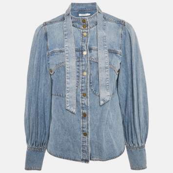 مملوكة مسبقًا Zimmermann Blue Denim Neck Tie-Up Blouse M