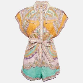 مملوكة مسبقًا Zimmermann Multicolor Printed Linen Lola Cuffed Playsuit M