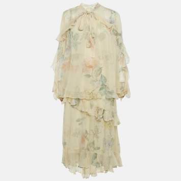 مملوكة مسبقًا طقم توب وتَنُّورة زيمرمان قماش كريب بطبعة زهرية صفراء وتفاصيل كشكش مقاس كبير