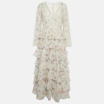 مملوكة مسبقًا Zimmermann White Floral Print Broderie Anglaise Tiered Halliday Gown L