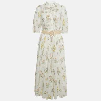 مملوكة مسبقًا طقم بلوزة وتنورة زيمرمان قطن بطباعة زهور كريمي مقاس كبير