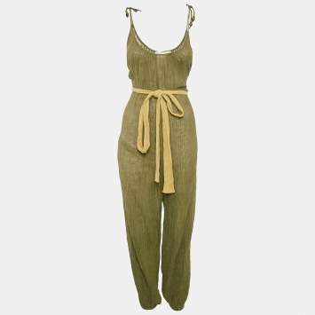 مملوكة مسبقًا Zimmermann Olive Green Ramie & Cotton Belted Jumpsuit XS