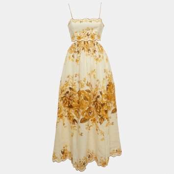 مملوكة مسبقًا Zimmermann Yellow Floral Print Linen Cut-Out Midi Dress M