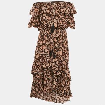 Pre Owned فستان زيمرمان أسود بطبعة زهور كتان متعدد الطبقات مكشوف الأكتاف مقاس متوسط (ميديم)