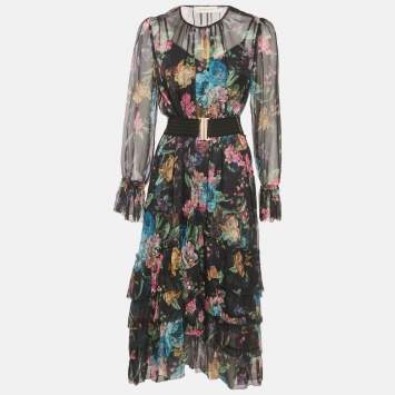 Pre Owned Zimmermann Black Floral Print Chiffon Asymmetric Midi Dress M
