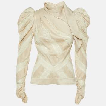 مملوكة مسبقًا Zimmermann Beige Printed Satin Lace Panel Detail Blouse M