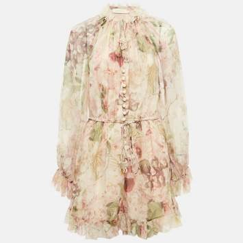 Pre Owned Zimmermann Pink Floral Print Silk Dancer Flutter Playsuit L