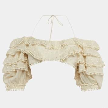 Pre Owned Zimmermann Off White Cotton Blend Ruffled Off Shoulder Crop Top M